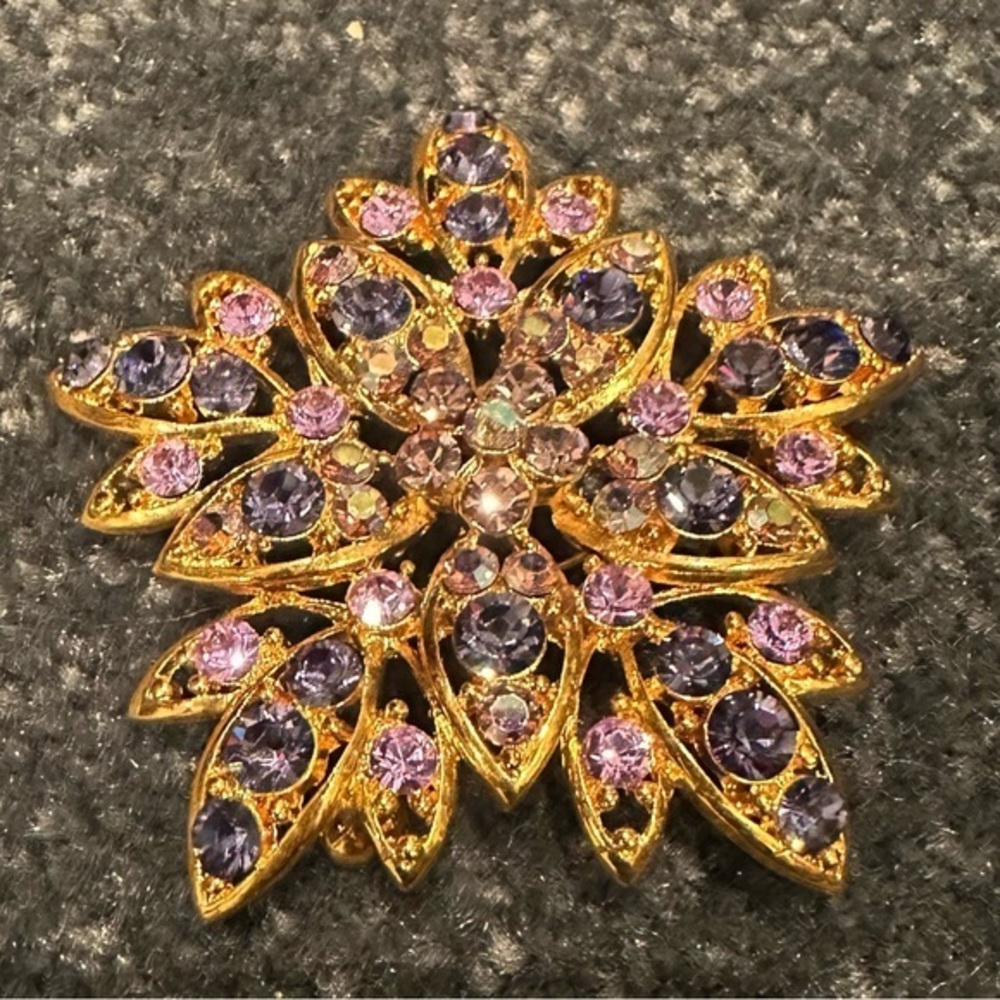 Gold-Tone Floral Brooch with Purple and Pink Crystal Accents